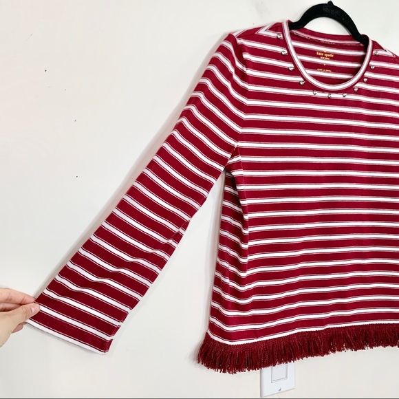 NWT Kate Spade Red White Stripe Fringe Knit Top - Picture 3 of 14